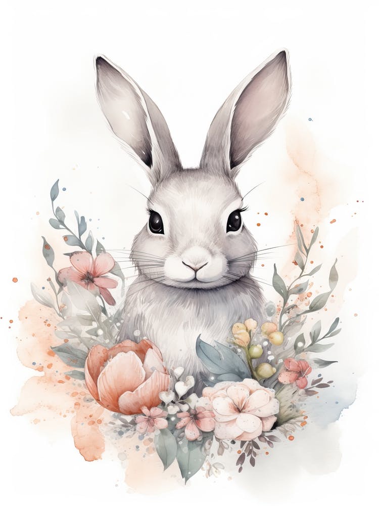 Floral Baby Rabbit Bunny Watercolour 2
