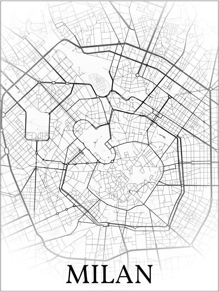 Milan, Italy, City Map, Black And White Fade Design
