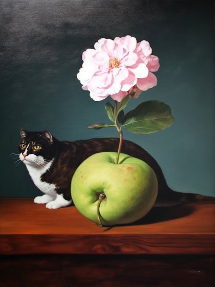 Painting Of A Still Life Of A Apple Blossom With A Cat, Realism 4