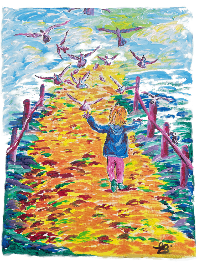 Colourful Child'S Journey Chasing Doves