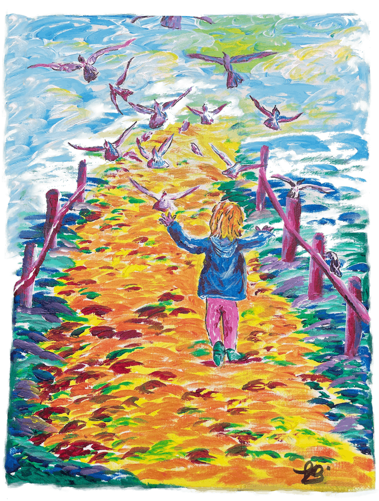 Colourful Child'S Journey Chasing Doves