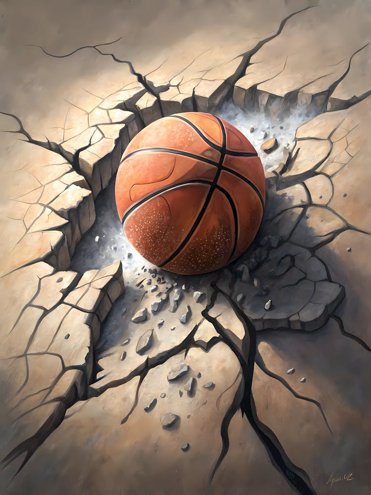 A Basketball Bursting Through Cracked Ground Oil Painting Style