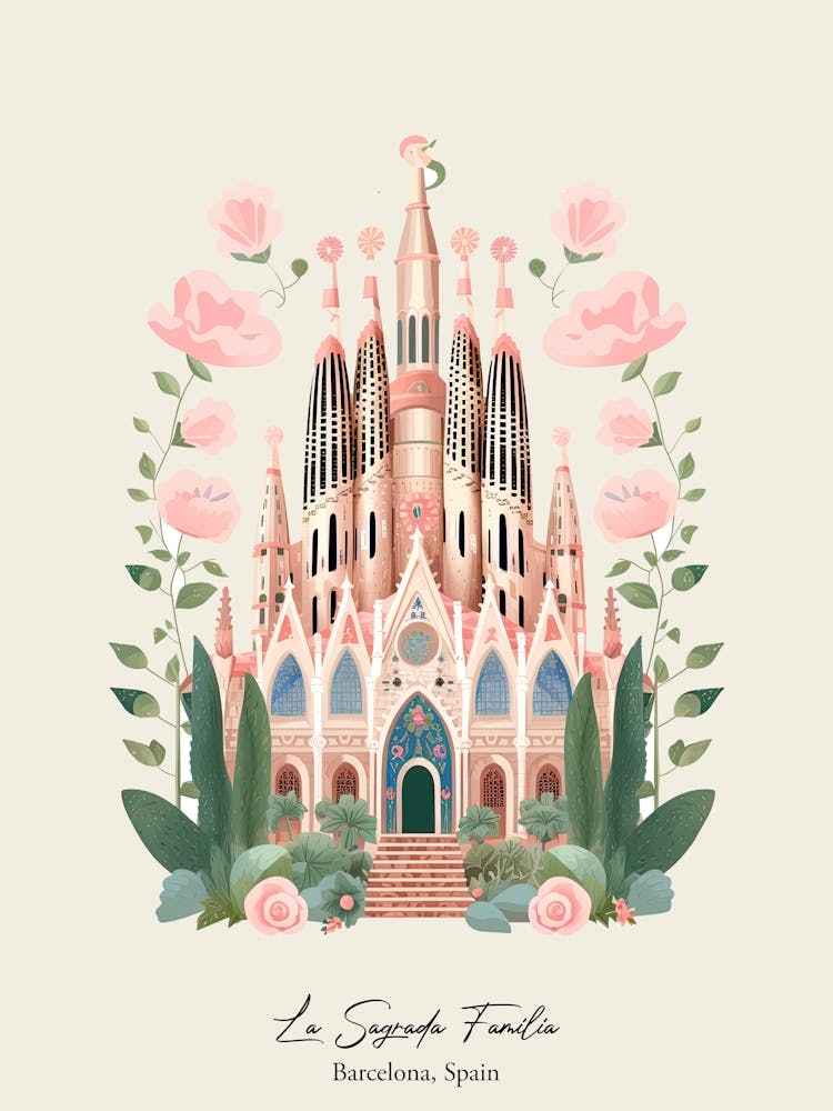 La Sagrada Familia   Barcelona, Spain   Cute Botanical Illustration Travel 1 Poster