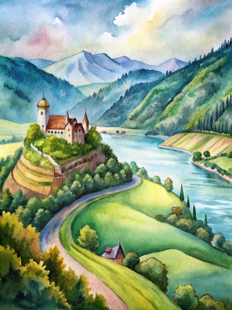 Aquarell Einer Burg In Den Bergen