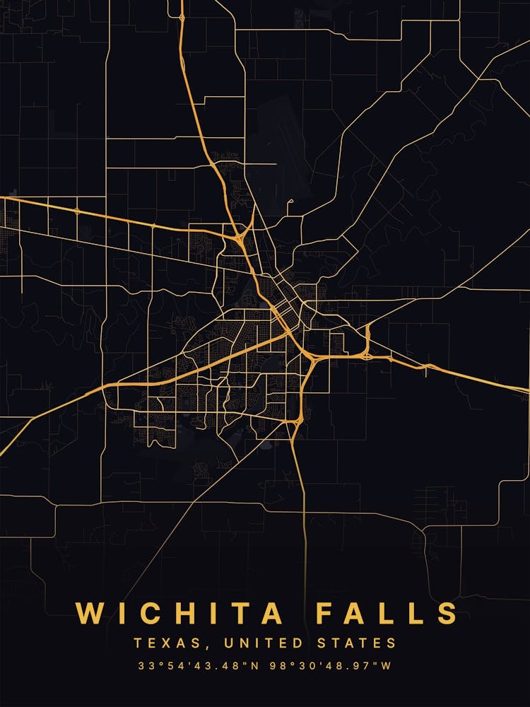 Wichita Falls Texas Usa Black And Gold Map