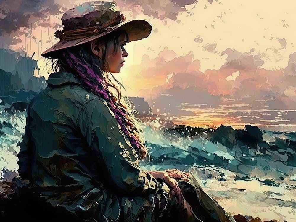 Girl At the beach with stormy weather.