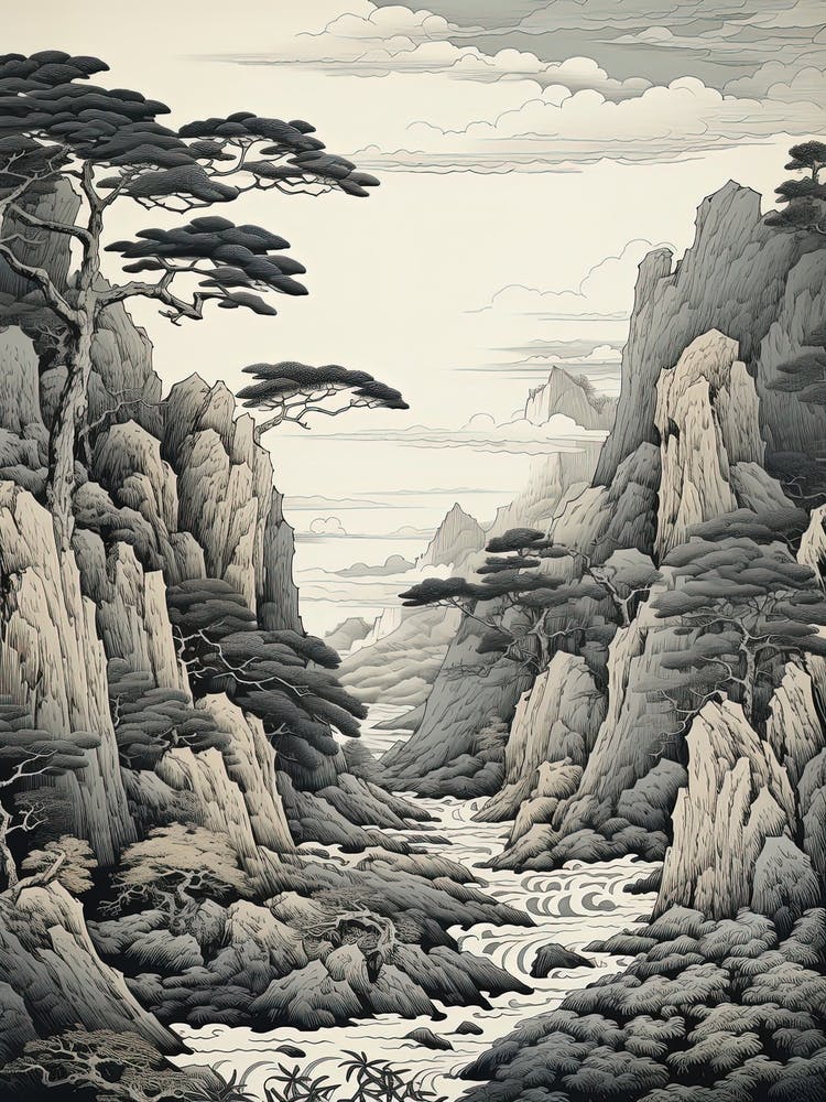 Tojinbo Cliffs In Fukui, Ukiyo E Black And White Line Art Drawing 2