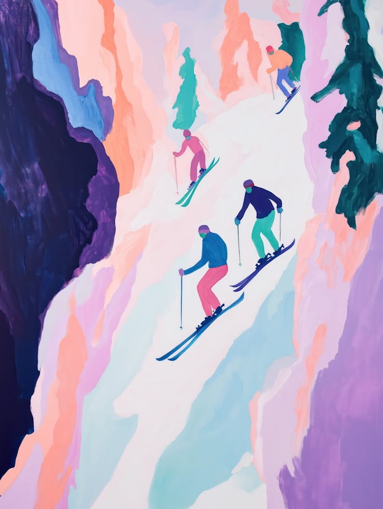 Skiers Matisse Style Winter Snow Purple Painting
