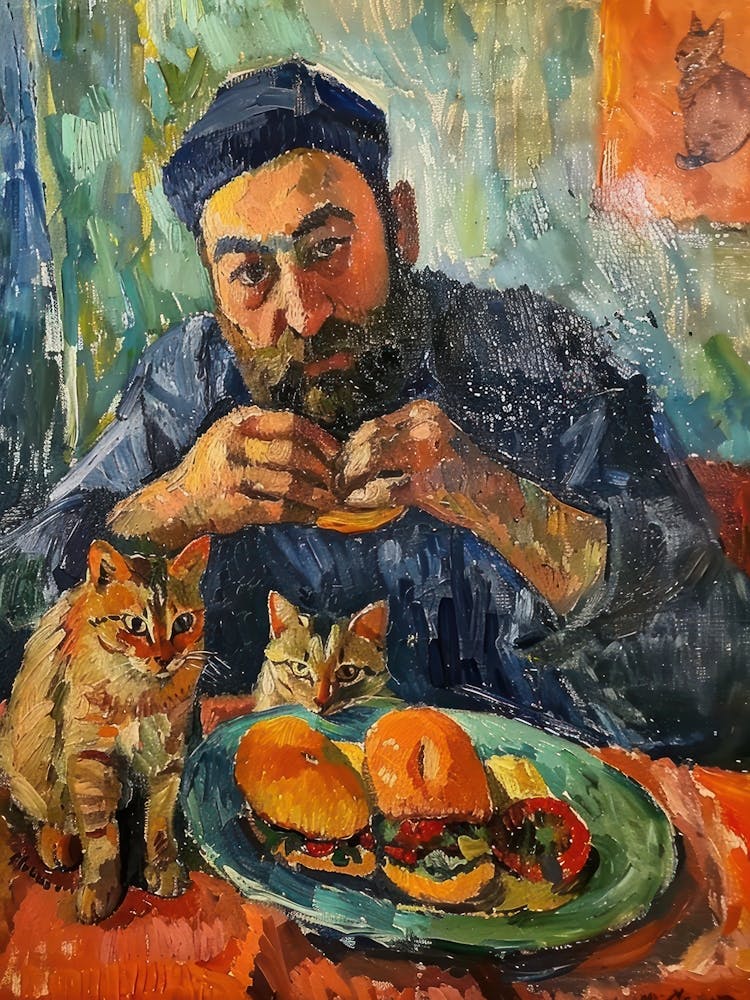 Portrait Of A Man With Cats Having Dinner 3