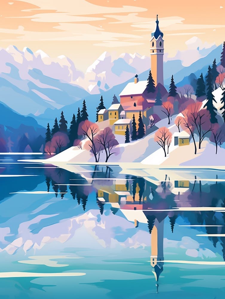 Vintage Winter Travel Illustration Lake Bled Slovenia 1