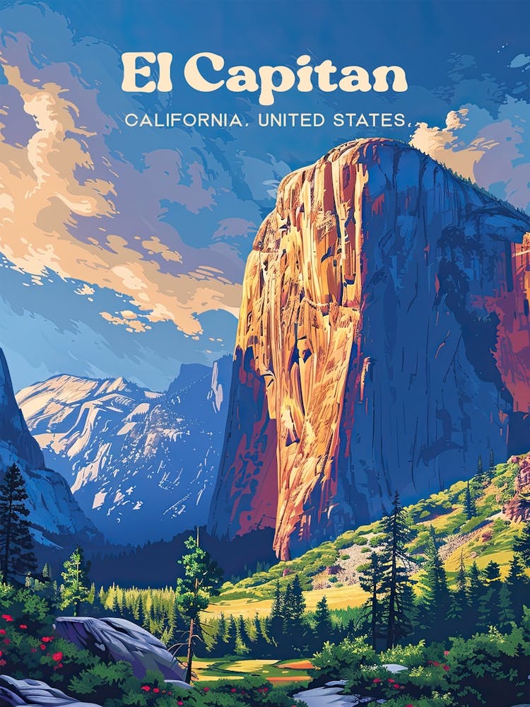El Capitan Yosemite National Park Sunset Digital Travel Illustration