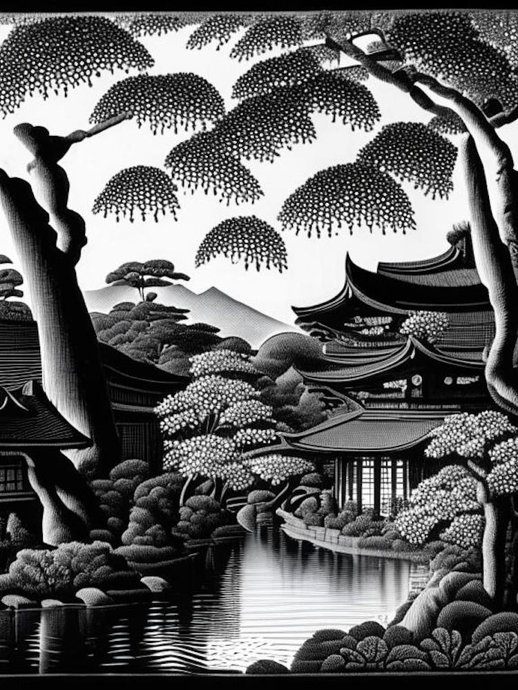 Ryoan Ji, 1, Japan Linolschnitt Schwarz-Weiß Vintage