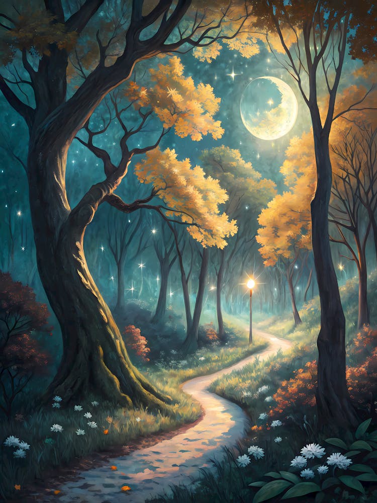 Oil Painting Style Moonlit Forest Path Ethereal Landscape with Glowing Trees