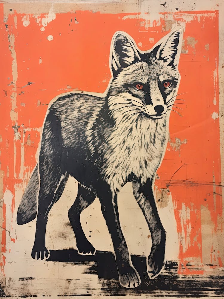 Gray Fox, Woodblock Animal Drawing 1