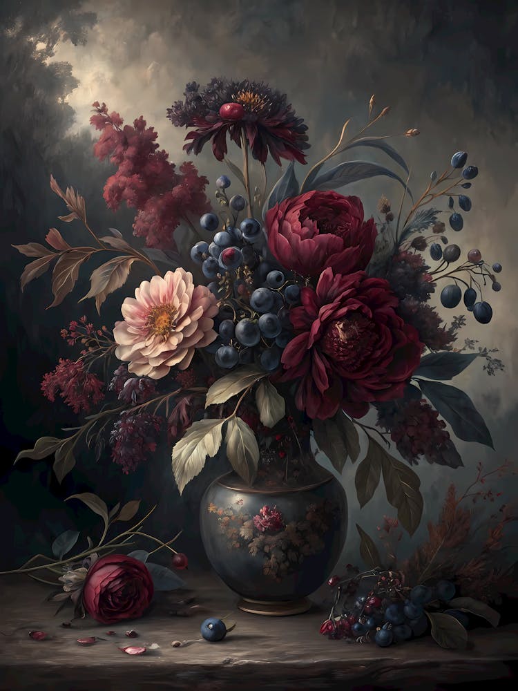 Oil Painting Style Moody Floral In Deep Burgundy