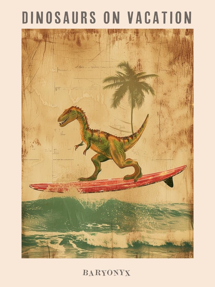 Vintage Baryonyx Dinosaur On A Surf Board 4 Poster