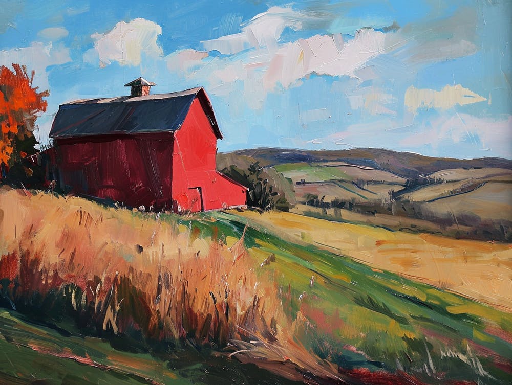 Red Barn Among The Fields - expressionism
