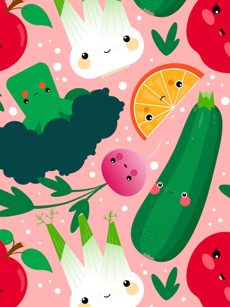 Vegetables And Fruits Kawaii Pattern