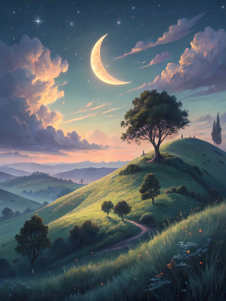 Serene Hilltop Moonlit Landscape Oil Painting