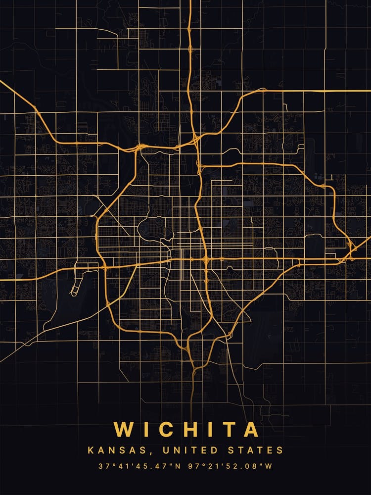 Wichita Kansas Usa Black And Gold Map