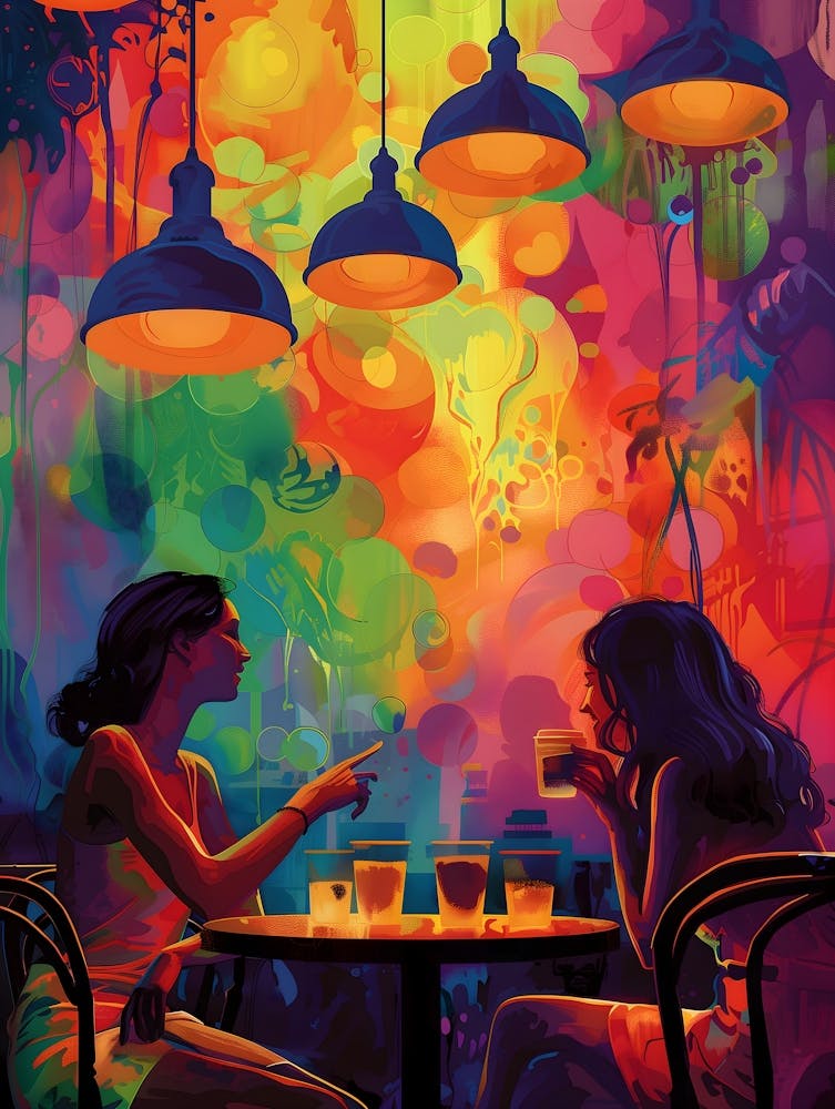Zwei Frauen in einem Café, lebendig, Pop-Art