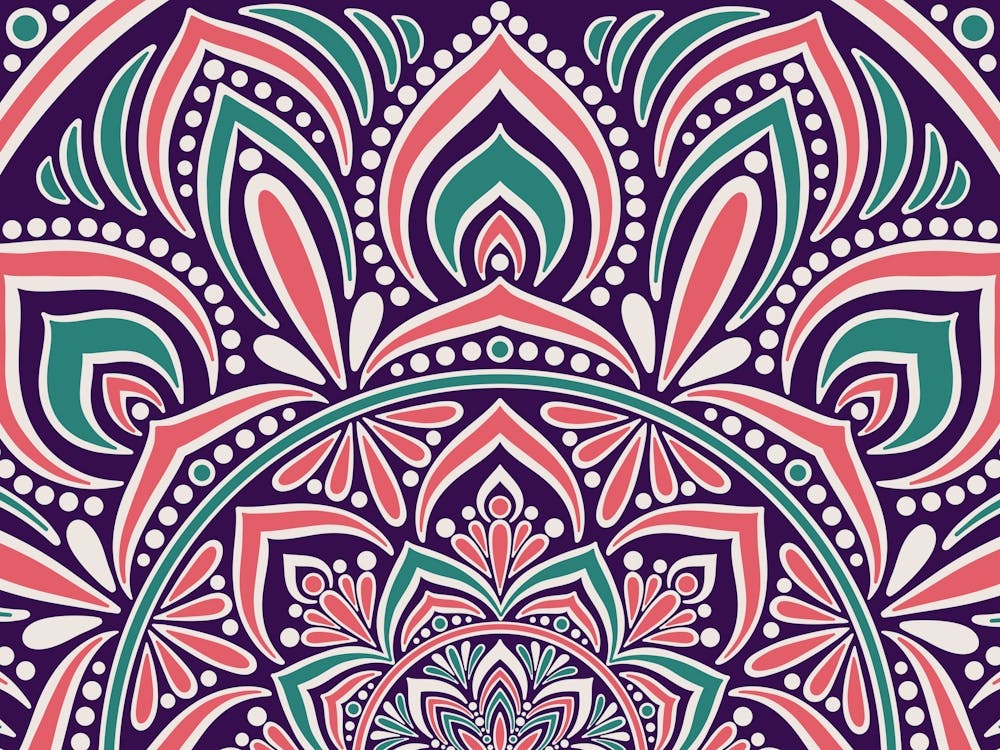 WA240023 - Mandala Complexe Corail et Sarcelle sur Violet - Art Géométrique Vibrant