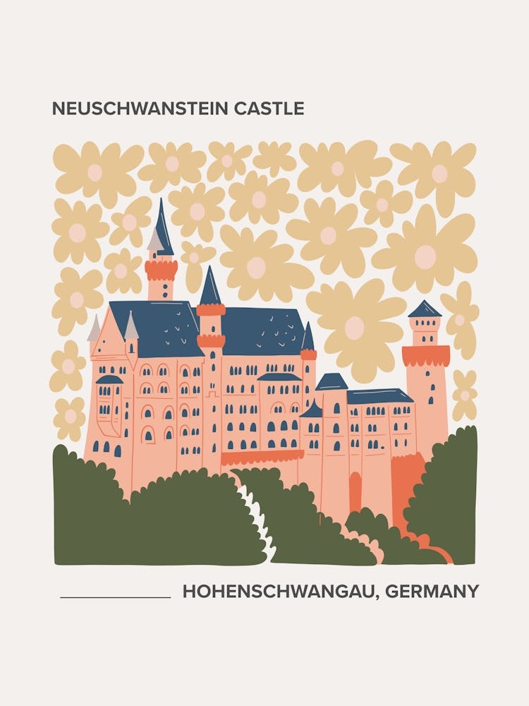 Neuschwanstein Castle, Germany, Warm Colours Illustration Travel Poster 2