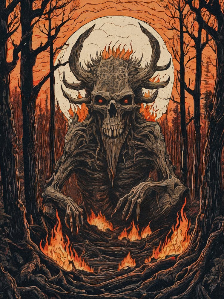 Terrifying Demon of the Forest - Fiery Woods and Red Eyes on a Full Moon, In the Style of Vintage Line Art, Pagan Gothic Horror Creepy Occult Devil Worship Evil Summoning Reckoning Pagan Woods HD