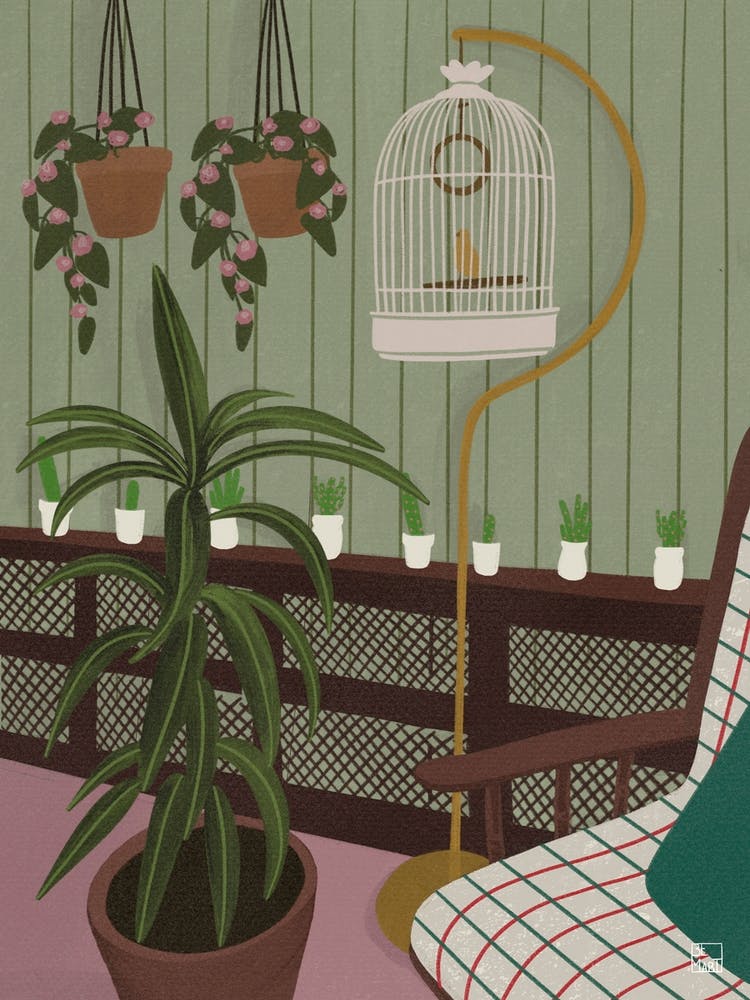 Salon avec cage à oiseaux