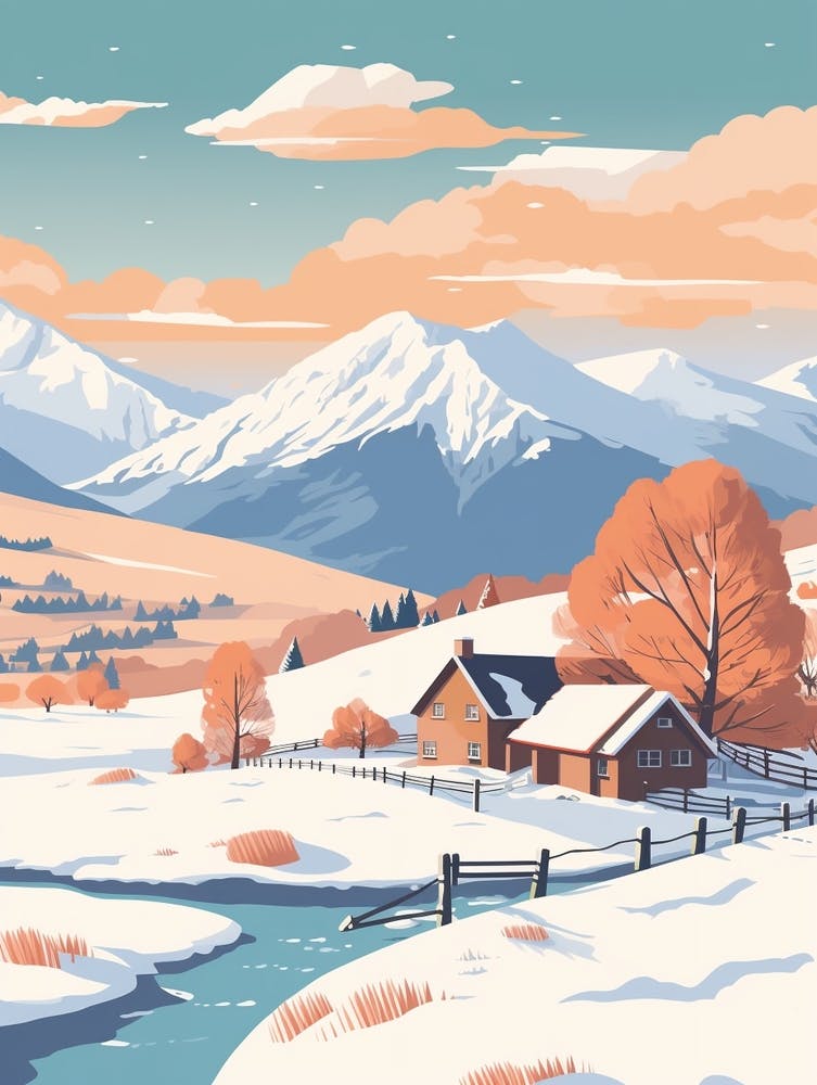 Vintage Winter Travel Illustration Lake District United Kingdom 1