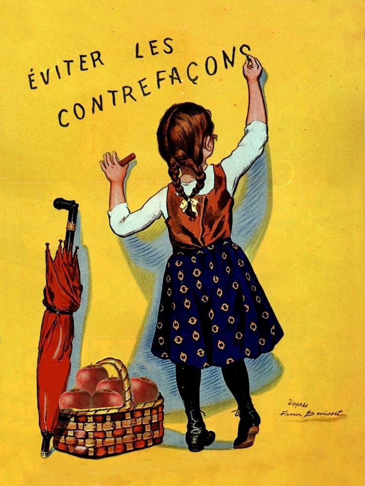 Little Girl With Apple Basket Writing On a Wall, French Chocolate Vintage Poster