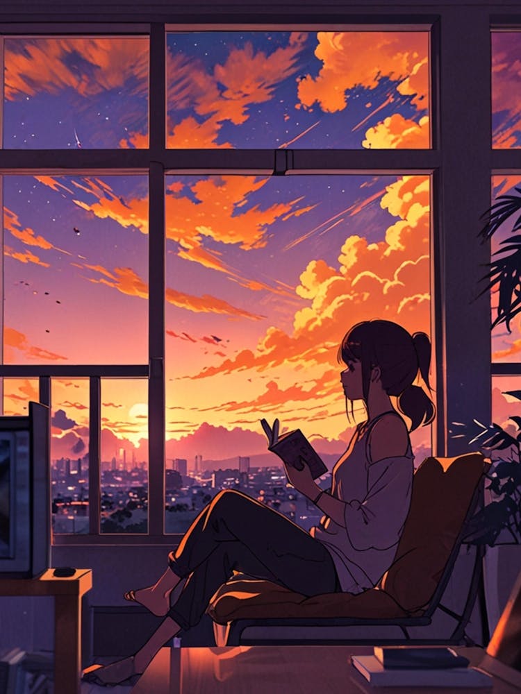Fille Anime Liseuse Au Coucher du Soleil 3