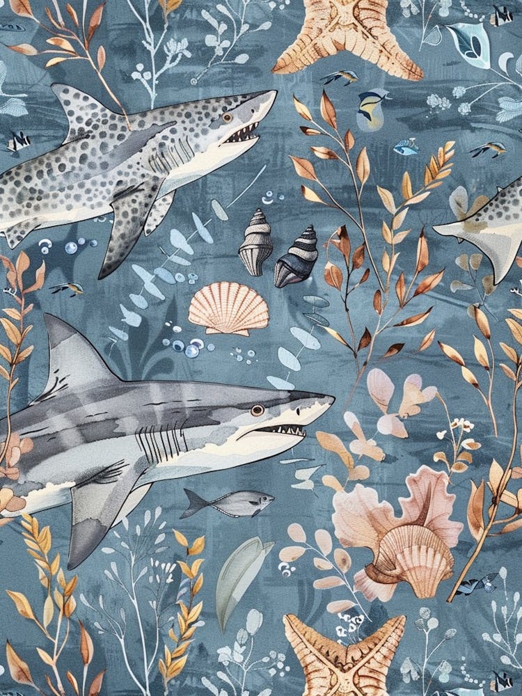 Pastellblau Zebrahai Aquarell Meereslandschaft Muster 1