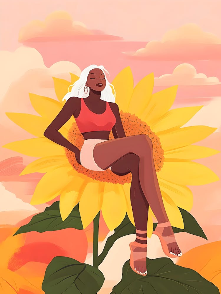 Mädchen sitzt auf Sonnenblume