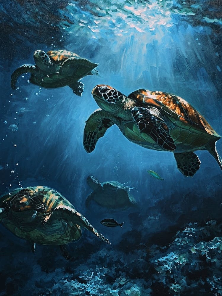 Sea Turtles Illuminated By The Light Underwater 3