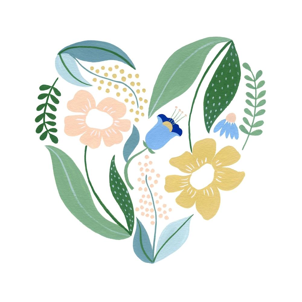 Scandi Flower Heart Pastels Gouache Painting 1