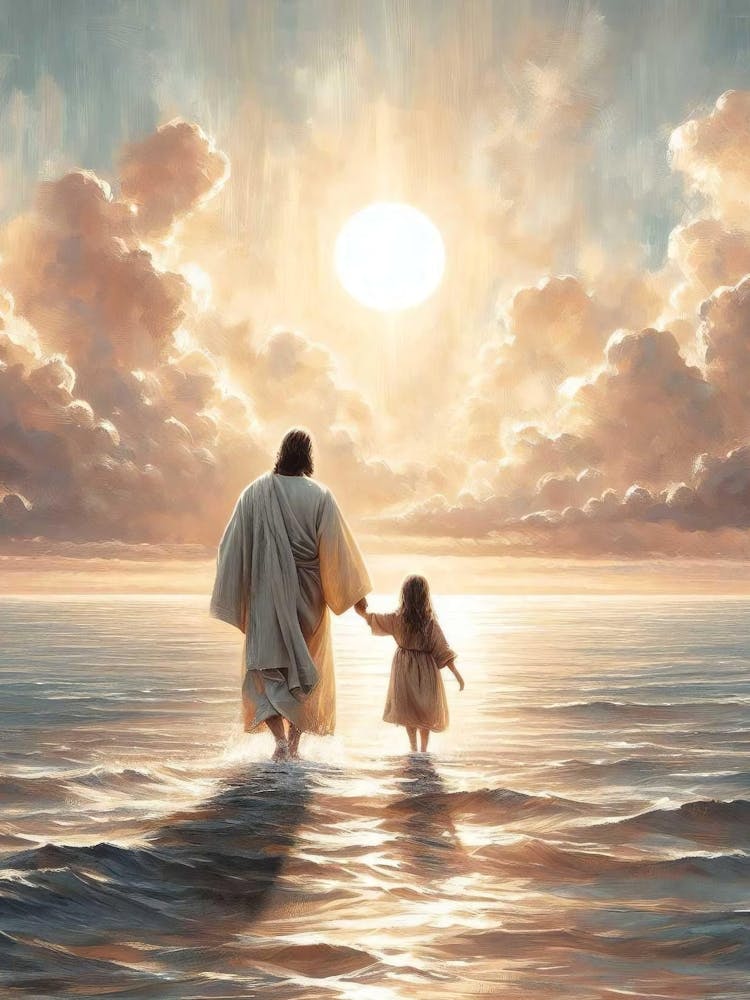 A Day For Miracles, Christian Art, Jesus Walking On Water With Girl, Walking On Water Art, Lds Art, Bible Verse Wall Art, Jesus And Kids Art