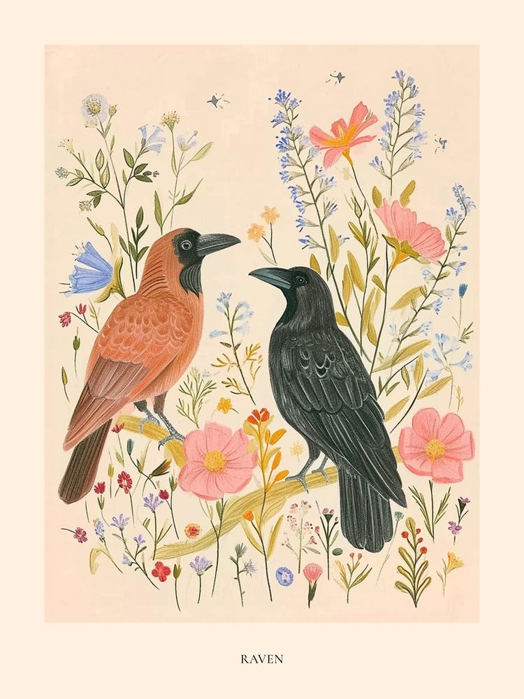 Folksy Floral Animal Drawing Raven 5 Poster
