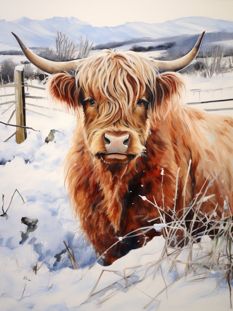 Traditional Watercolour Illustration Of Highland Cow In The Snowy Field 4