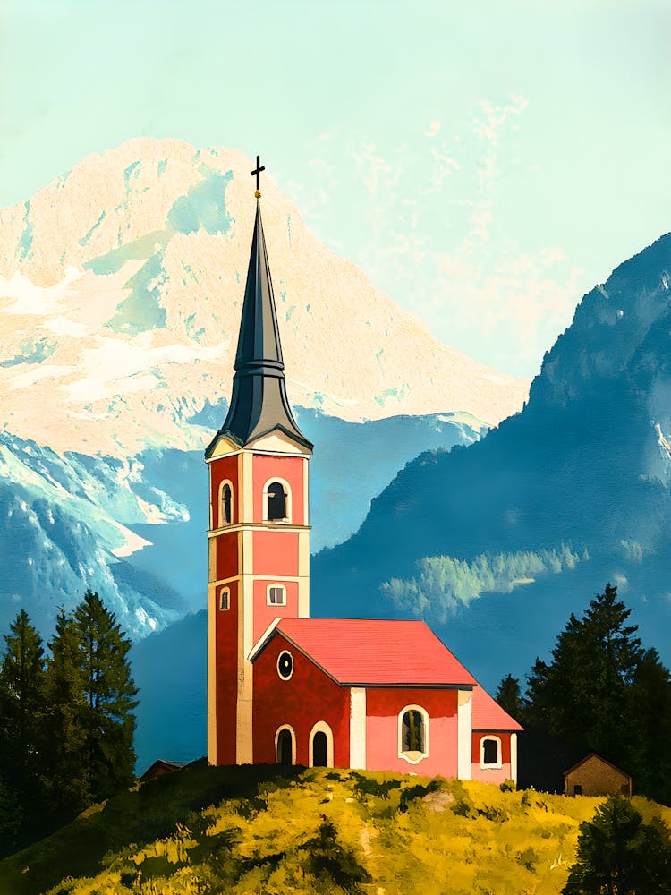 Scenic Mountain Church – Serene Landscape Painting Of Alpine Chapel