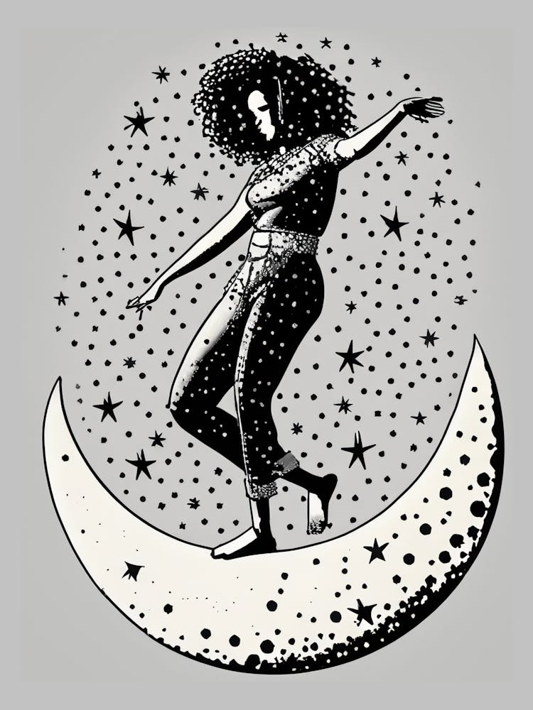 Dance on the Moon - Black and White Celestial Illustration