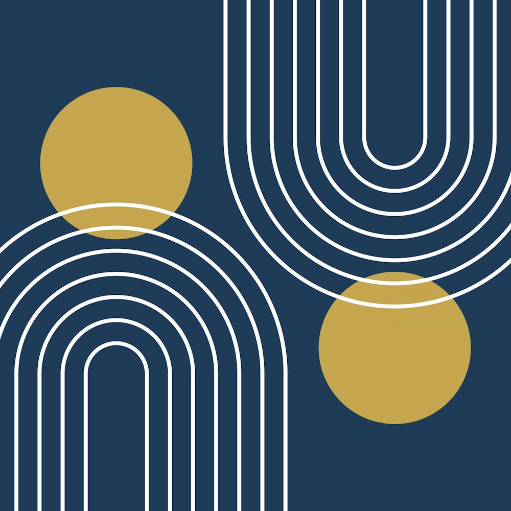 Mid Century Modern Geometric In Navy Blue And Gold (Rainbow And Sun Abstract) 02