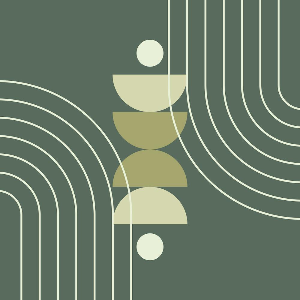 Mid Century Modern Geometric Abstract Shapes, Rainbow, Sun, Moon Phases in Sage Green 1