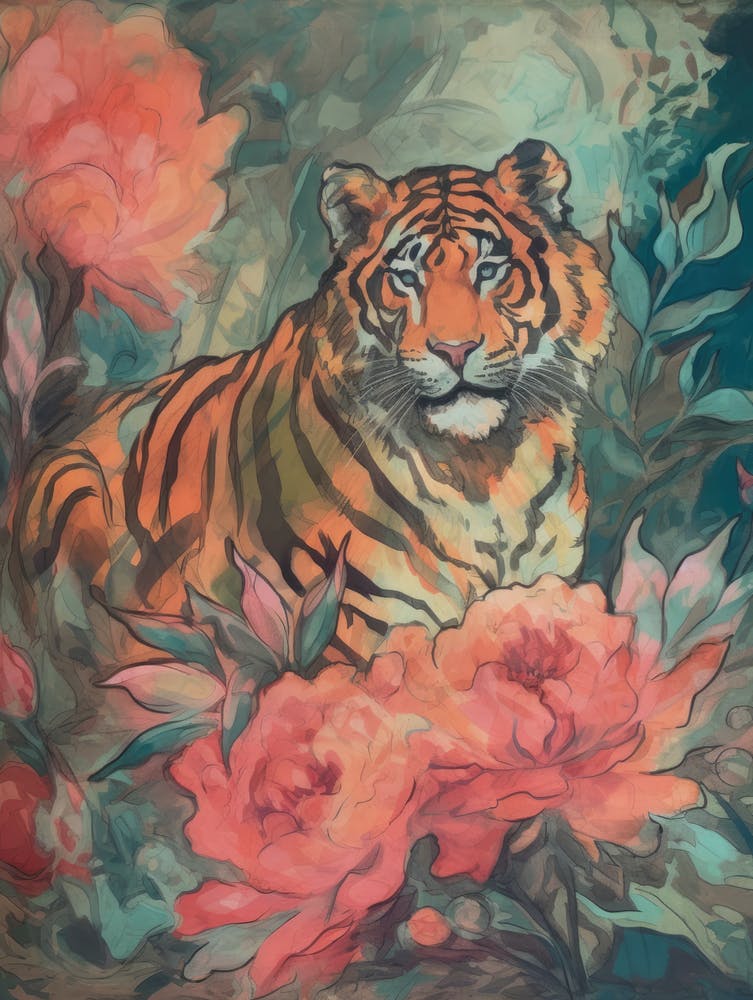 Tiger In Pink Peonies