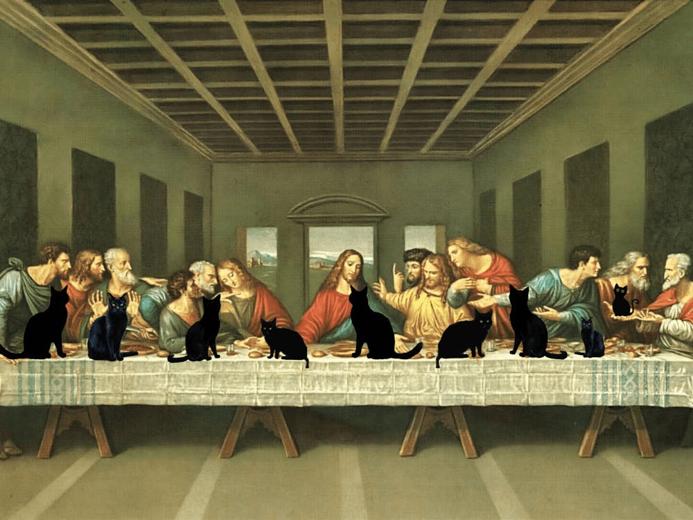 The Last Supper With Black Cats - Leonardo Di Vinci Famous Antique Art With Funny Cats Joining the Meeting in HD