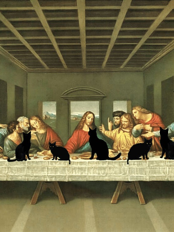 The Last Supper With Black Cats - Leonardo Di Vinci Famous Antique Art With Funny Cats Joining the Meeting in HD