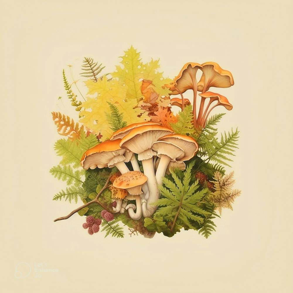 Chanterelles and ferns - mushroom art print - mushroom botanical print