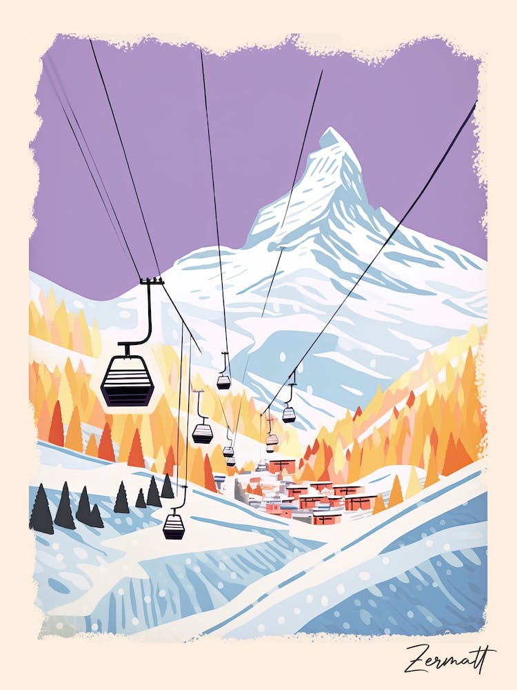 Poster Of Zermatt   Switzerland, Ski Resort Pastel Colours Illustration 2