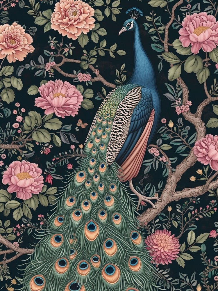 Navy Blue & Pink Flower Peacock