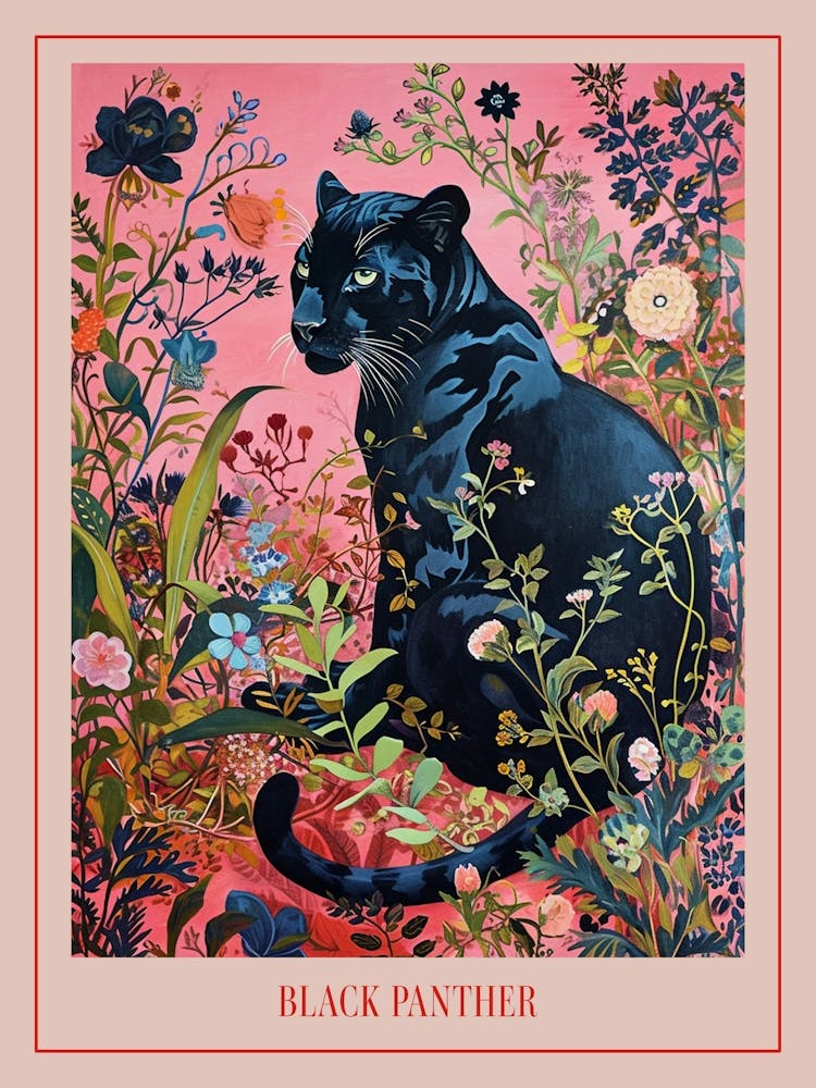 Floral Animal Painting Black Panther 4 Poster